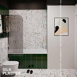 Интерьер ванной комнаты с декоративной штукатуркой SILK PLASTER Mixart