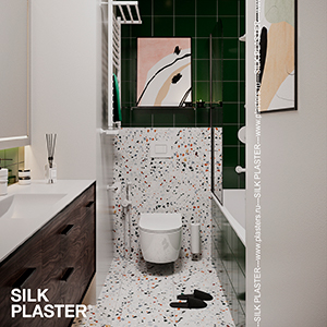 Интерьер ванной комнаты с декоративной штукатуркой SILK PLASTER Mixart