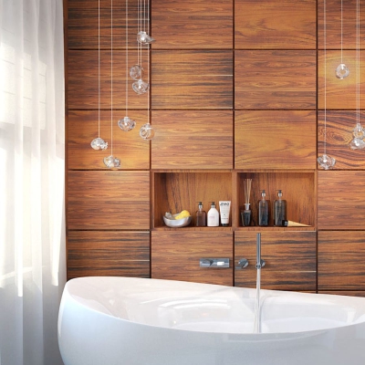Влагостойкие деревянные панели в интерьере ванной