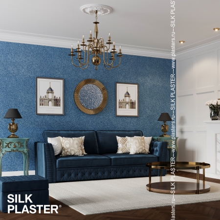 Жидкие обои SILK PLASTER белого цвета в интерьере гостиной 2021/22