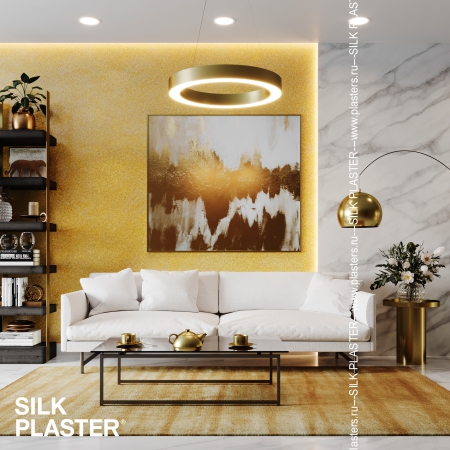 Жидкие обои SILK PLASTER в сочетании с мрамором в дизайне гостиной 2021/22