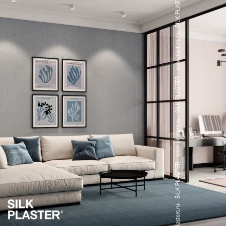 Жидкие обои SILK PLASTER синего цвета в интерьере гостиной 2021/22