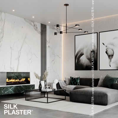 Интерьер гостиной в стиле минимализм с жидкими обоями Silk Plaster
