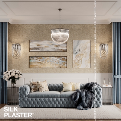 Интерьер гостиной в Неоклассическом стиле с жидкими обоями Silk Plaster