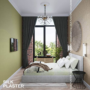 Интерьер спальной комнаты с жидкими обоями SILK PLASTER коллекции Recoat