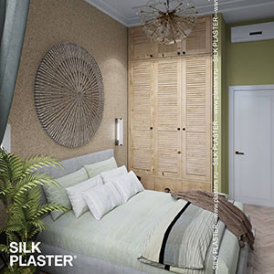 Интерьер спальной комнаты с жидкими обоями SILK PLASTER коллекции Recoat